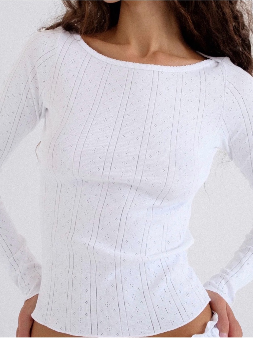 White Long-Sleeve Textured Knit Pajama Top